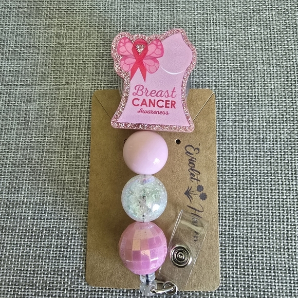 Breast Cancer Awareness Pink Ribbon Beaded Retractable Name Work Badge ID Reel - Picture 1 of 2